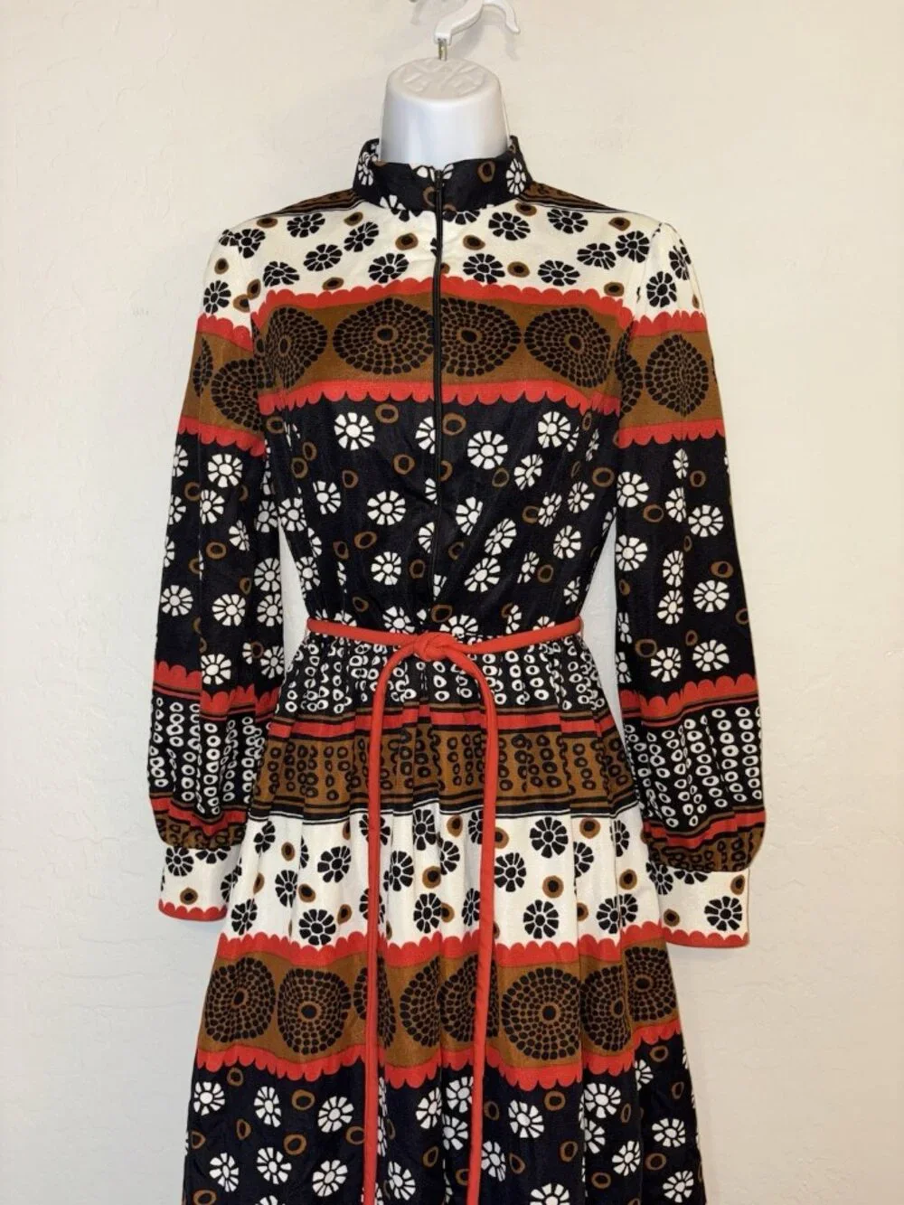 Fred Rothschild 1960’s Vintage red & brown striped Mod hippie boho Midi Dress XS